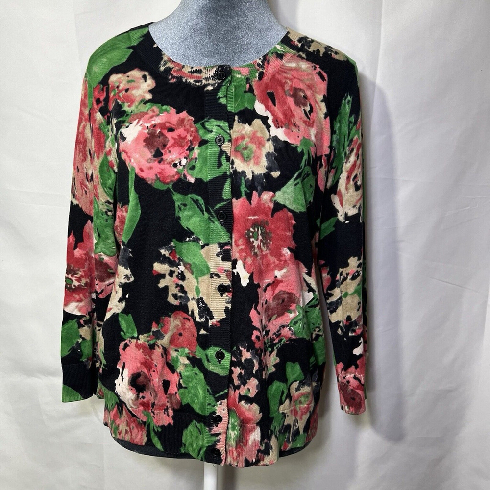 Women's Talbots Black Green Red Floral 3/4 Sleeve Cardigan Sweater Size M
